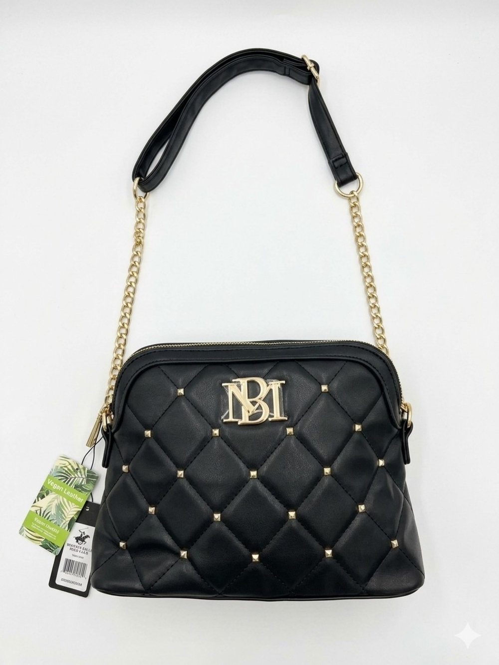Badgley Mischka Crossbody Dome with Quilting and Studs handbag in black.